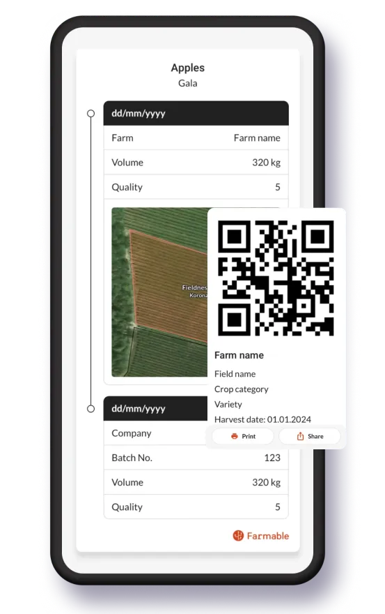 QR-coded harvest label tying a bin back to field, variety and grade