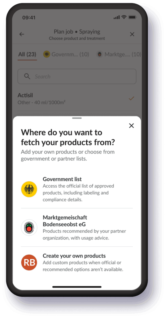 Officiali product list in Farmable app. You can create your own product list or use one of the government lists (not for all countries)