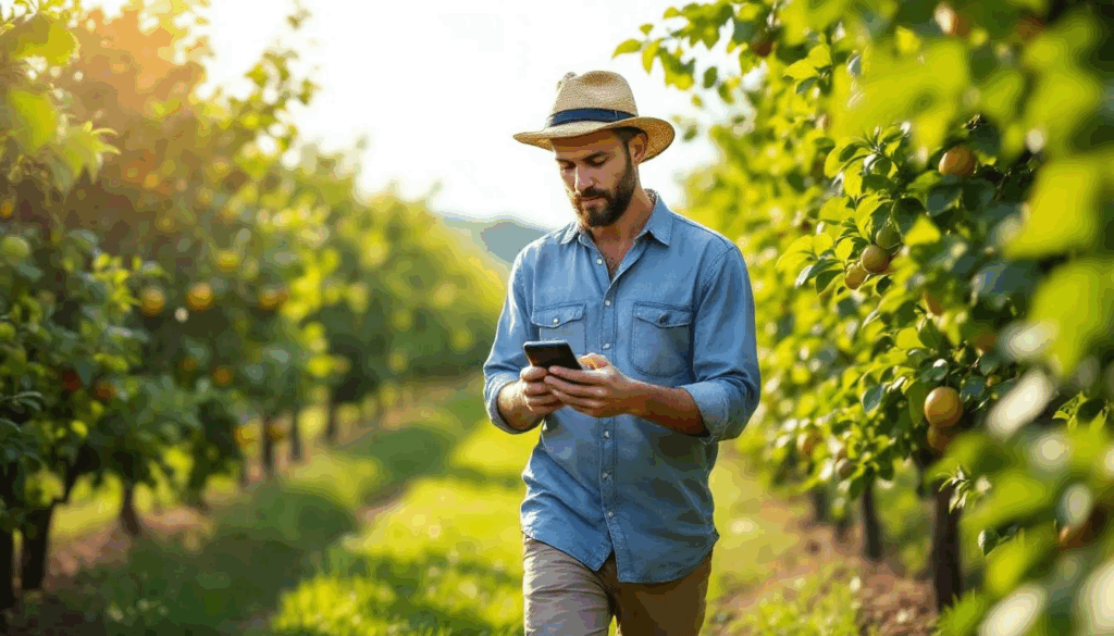 A farmer is walking through a orchard, checking his smartphone to monitor new growth and pest populations as part of his integrated pest management (IPM) program. The scene illustrates the importance of early detection in managing pests and making informed pest management decisions.