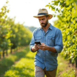 A farmer is walking through a orchard, checking his smartphone to monitor new growth and pest populations as part of his integrated pest management (IPM) program. The scene illustrates the importance of early detection in managing pests and making informed pest management decisions.